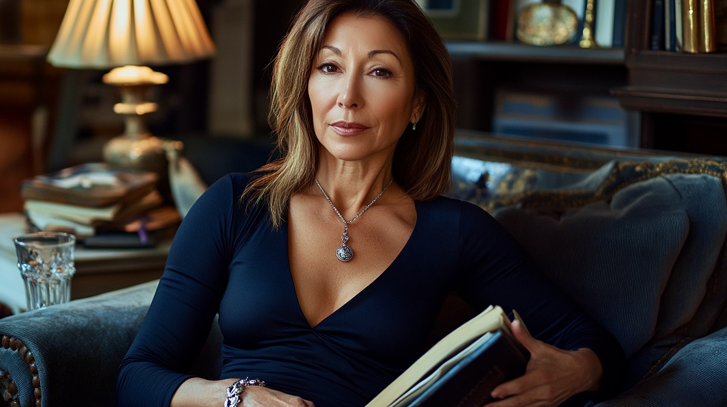 Leila in a sapphire silk gown, draped in Links London jewellery, embodying refined luxury