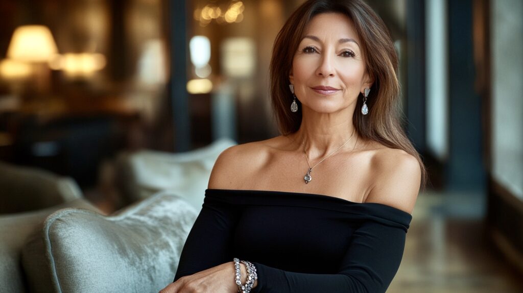 Leila exuding power and grace, wearing vintage Links London jewellery in a modern luxury campaign setting