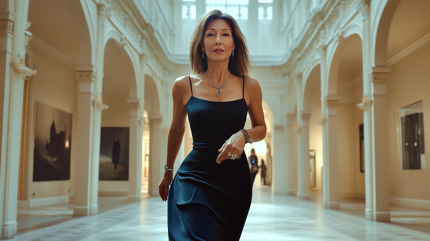 Leila in motion, embodying timeless elegance in flowing silk and vintage Links London jewellery.