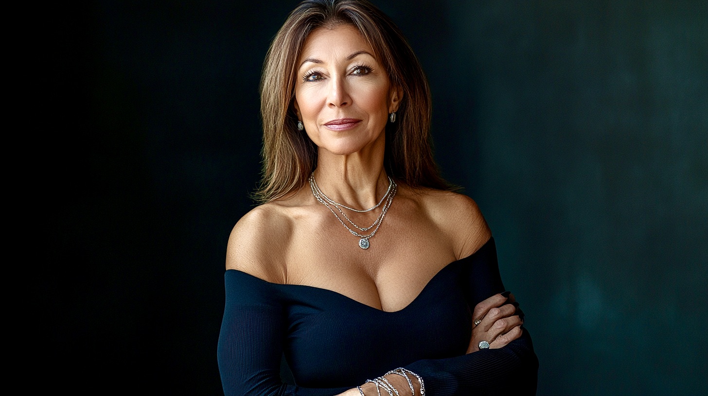 A 50+ Persian-British woman with deep wavy dark hair and warm olive skin, wearing a luxurious silk gown in deep jewel tones. She wears layered Links London charm bracelets and a delicate necklace, looking poised and effortlessly elegant in a London studio 