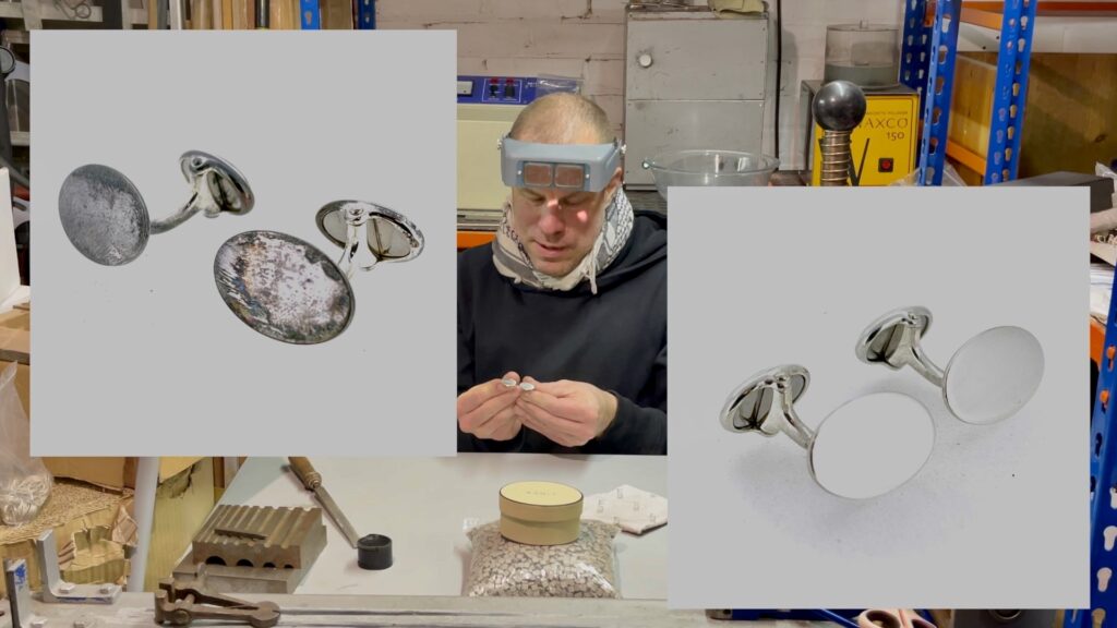 Before and after restoration of vintage Links of London sterling silver cufflinks.