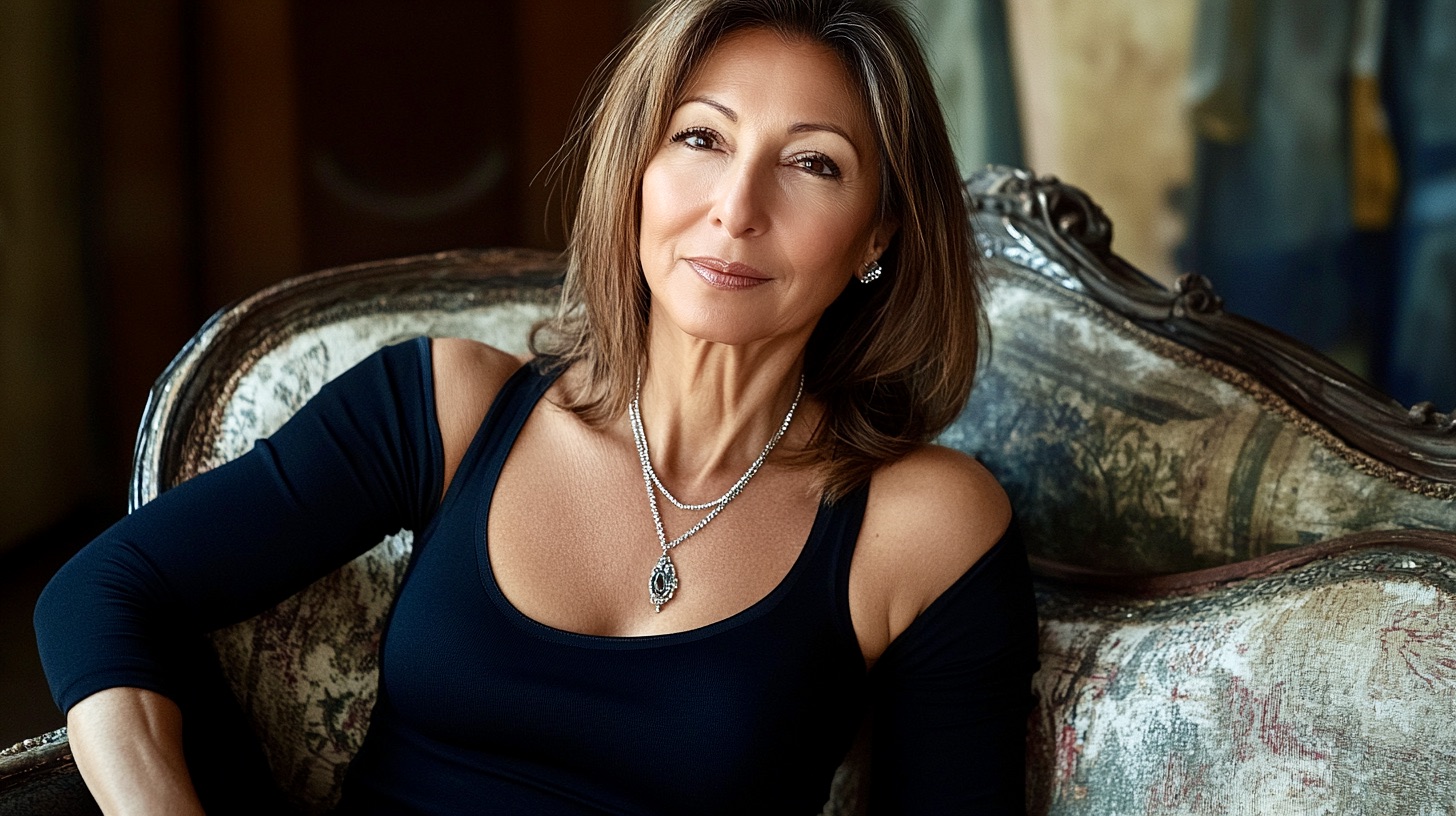 Elegant, high-fashion editorial portrait, 50+ Persian-British woman, deep wavy dark hair, warm olive skin, wearing luxurious silver jewellery, soft moody lighting, modern yet timeless aesthetic