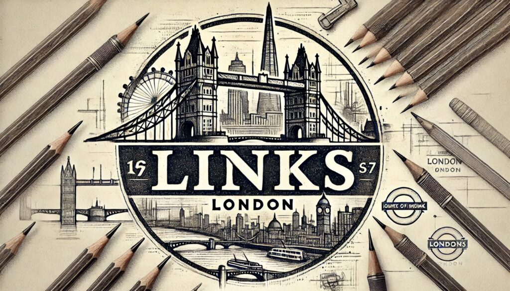 A hand-drawn vintage-style pencil sketch of the Links London logo with a London cityscape in the background.