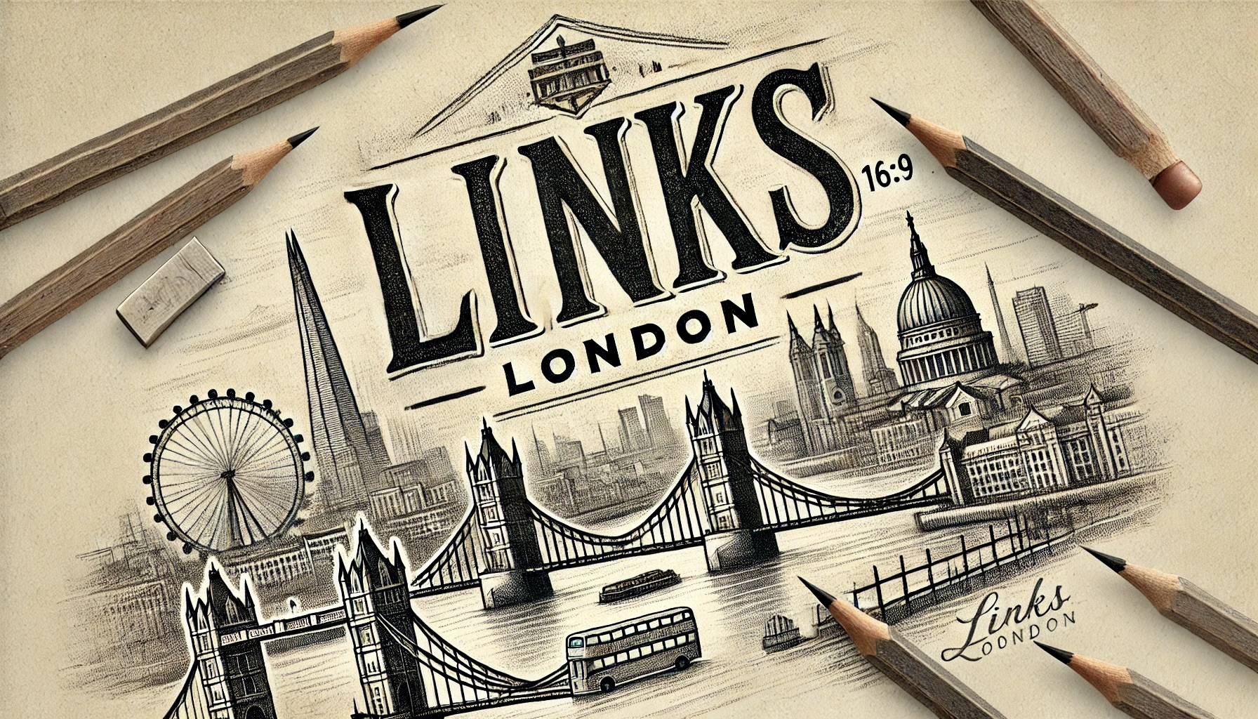 A London cityscape pencil drawing with the Links London logo incorporated into the skyline.