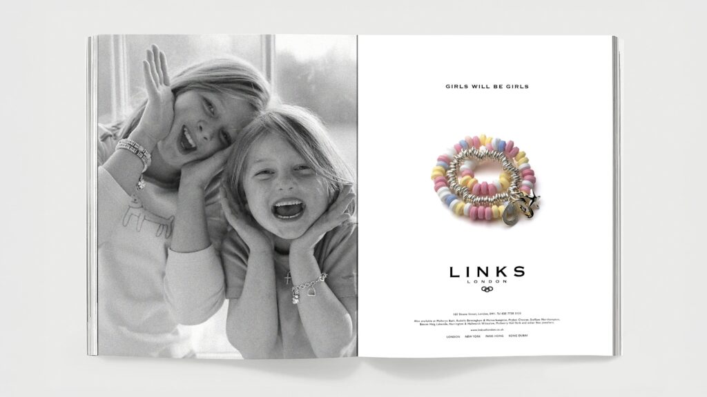 Vintage Girls Will Be Girls campaign featuring young girls with original candy-inspired Sweetie Bracelets.