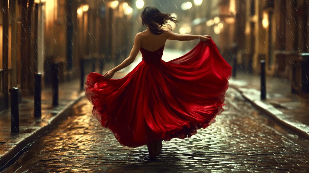 A graceful Gypsy woman twirling on a cobblestone street in London, her heart-shaped charm bracelet catching the light mid-motion. Her deep red dress flows around her, exuding energy and passion. The romantic atmosphere is enhanced by softly glowing streetlights and a light drizzle in the air. Ultra-realistic details, cinematic depth, and a warm, glowing London background.