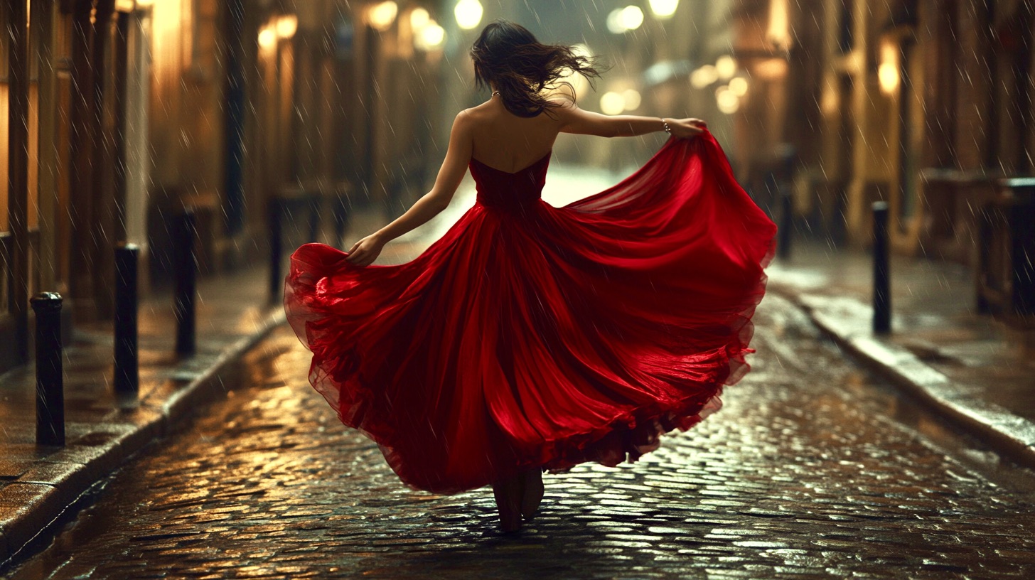 A graceful Gypsy woman twirling on a cobblestone street in London, her heart-shaped charm bracelet catching the light mid-motion. Her deep red dress flows around her, exuding energy and passion. The romantic atmosphere is enhanced by softly glowing streetlights and a light drizzle in the air. Ultra-realistic details, cinematic depth, and a warm, glowing London background.
