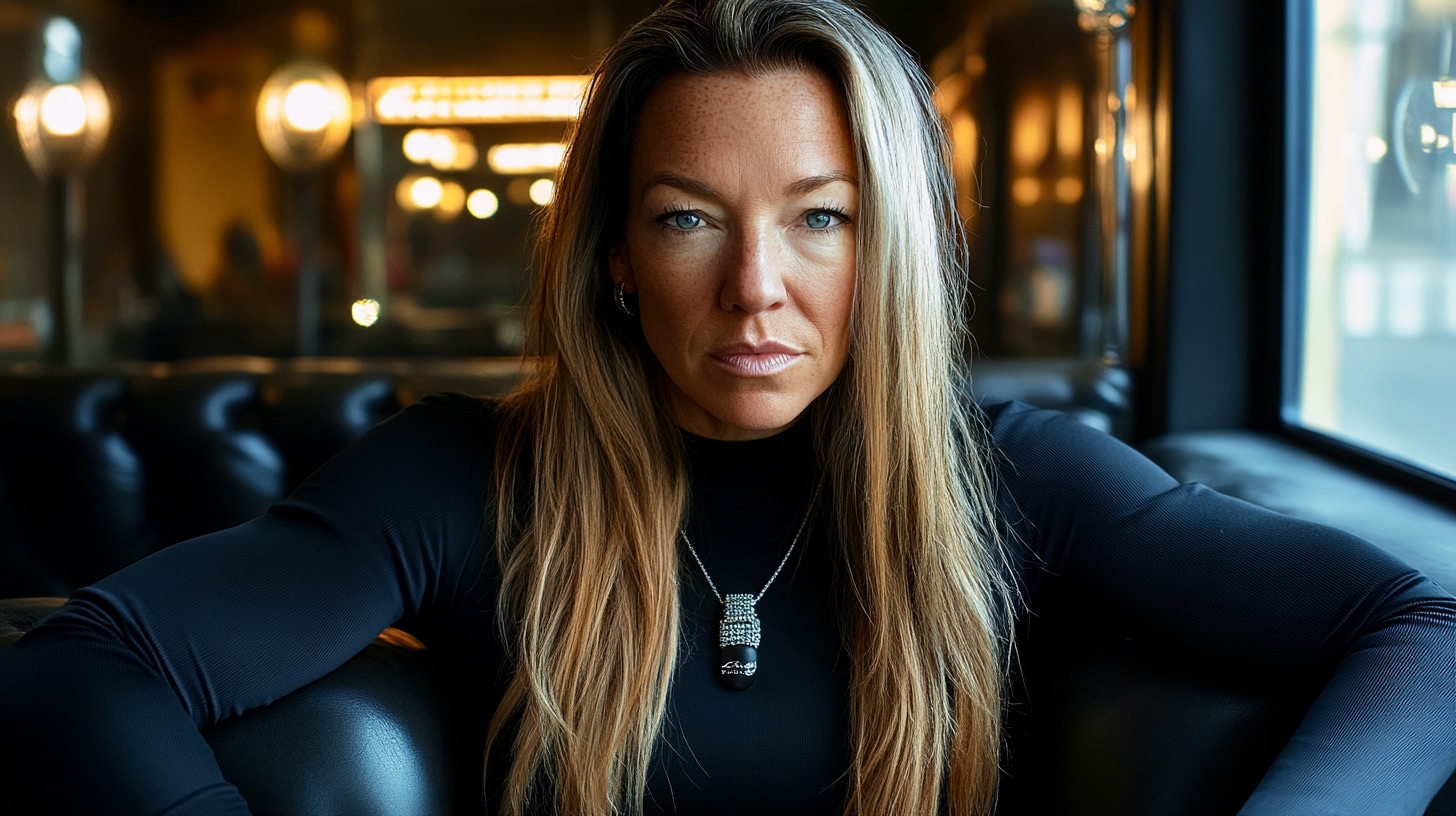 Sophisticated London woman, silver-streaked bob, strong cheekbones, piercing gaze, structured luxury suit, wearing bold statement jewellery,