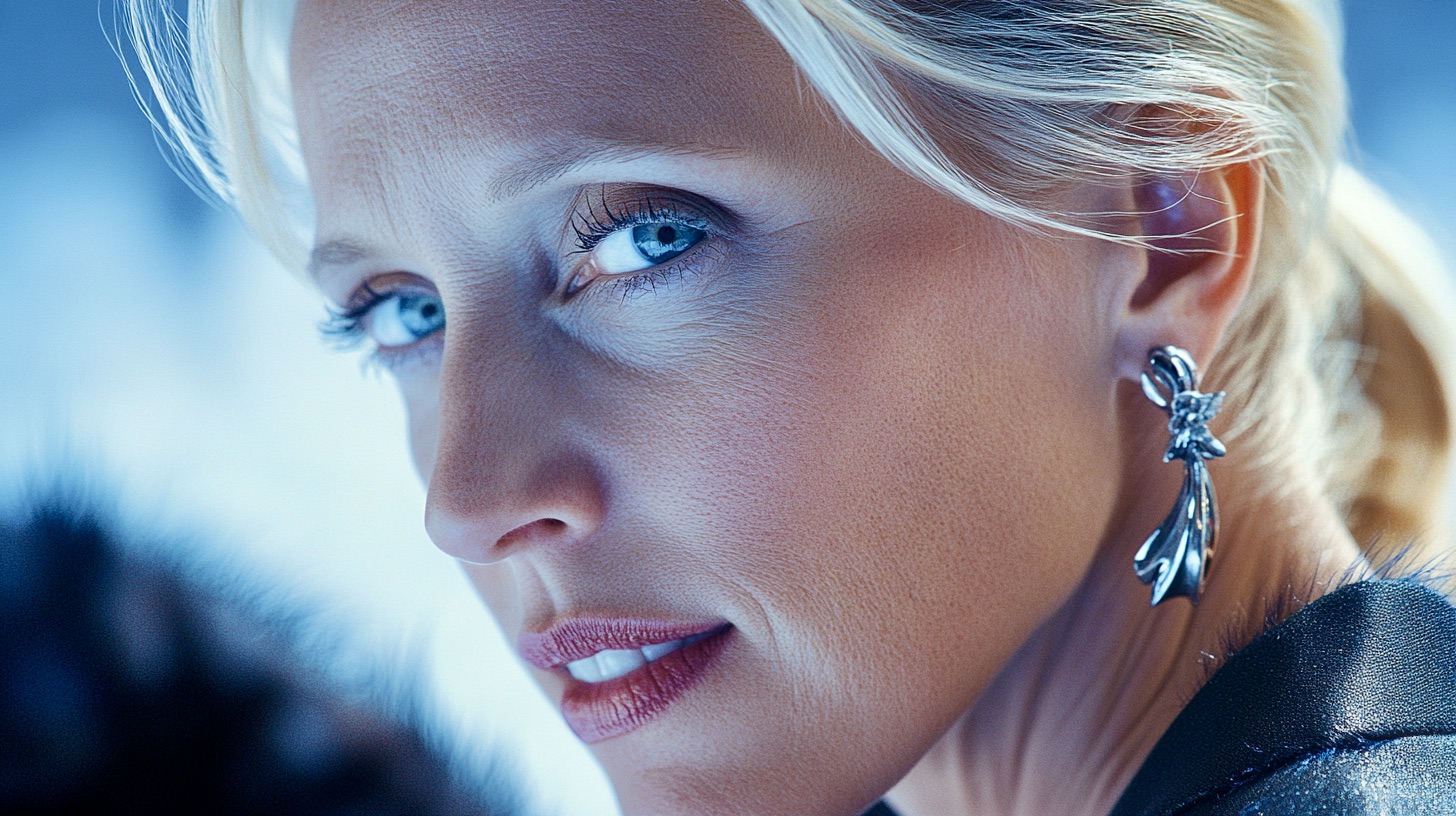Russian-British elegance, platinum slicked-back hair, icy blue eyes, dramatic silver jewellery, luxurious coat,