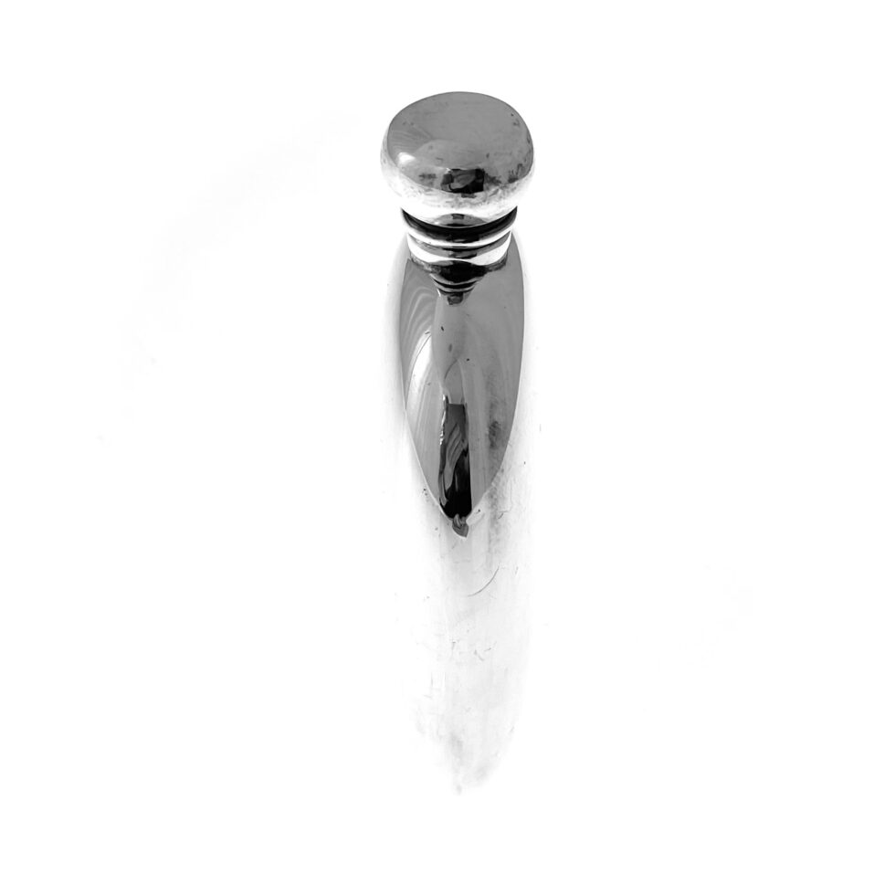 Side profile of restored silver-plated hip flask