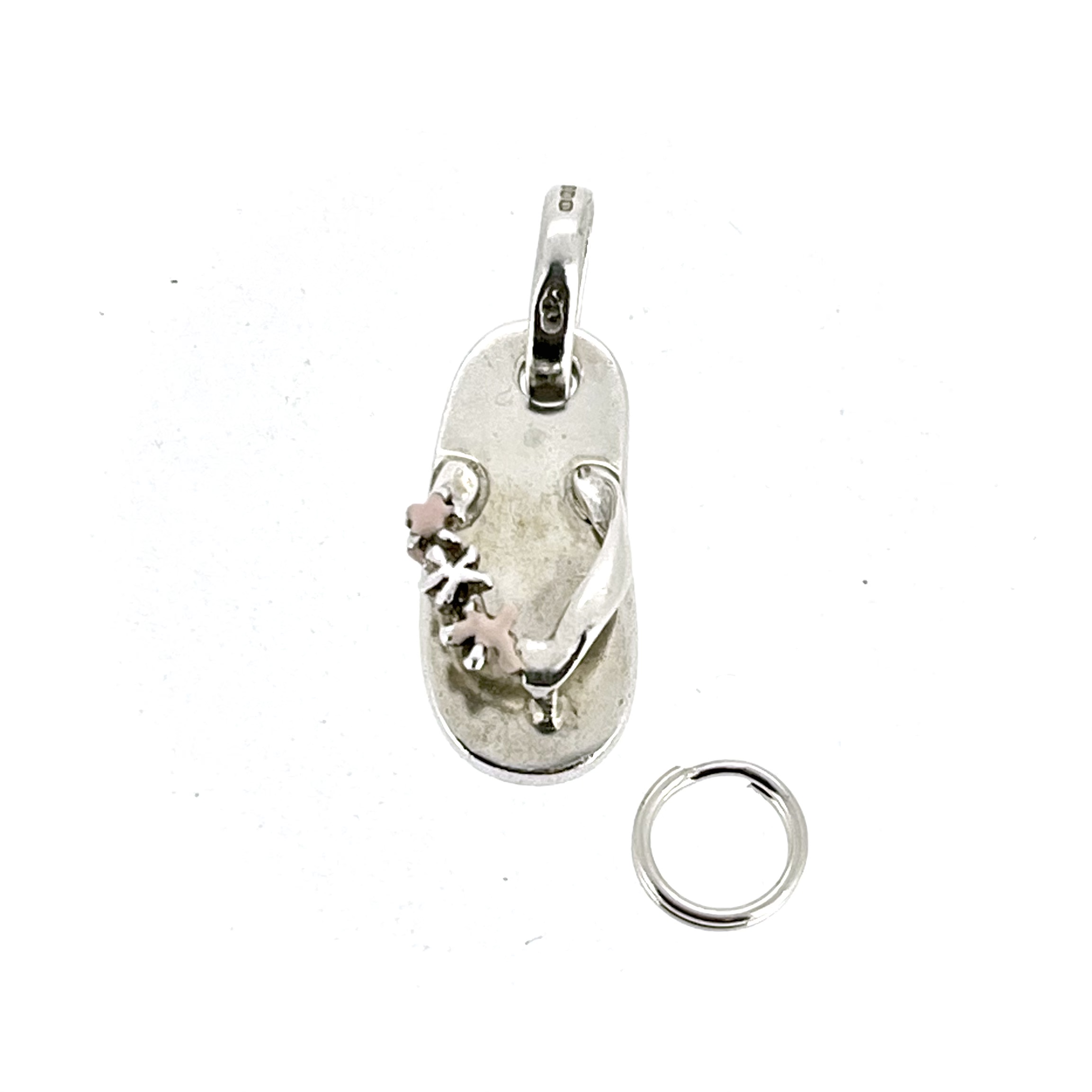 Links of London Flip Flop Charm in sterling silver with pink enamel flower details.