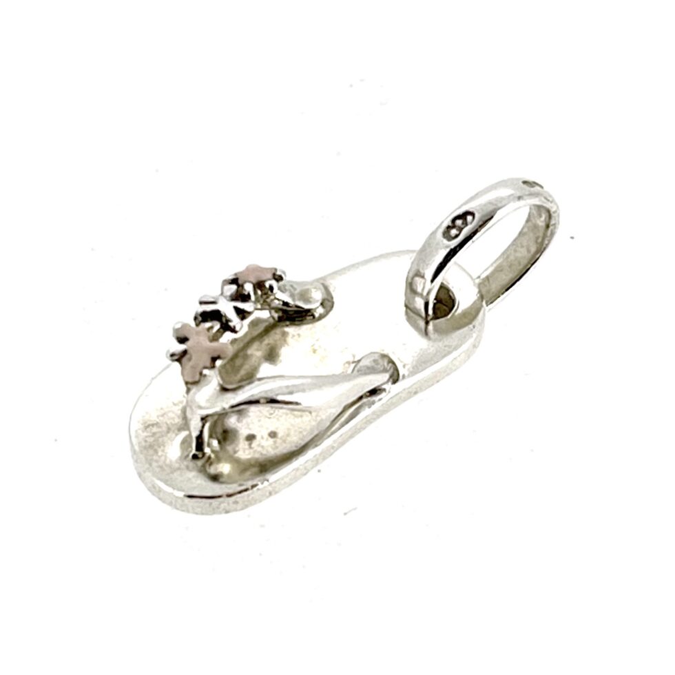 Links of London Flip Flop Charm in sterling silver with pink enamel flower details.