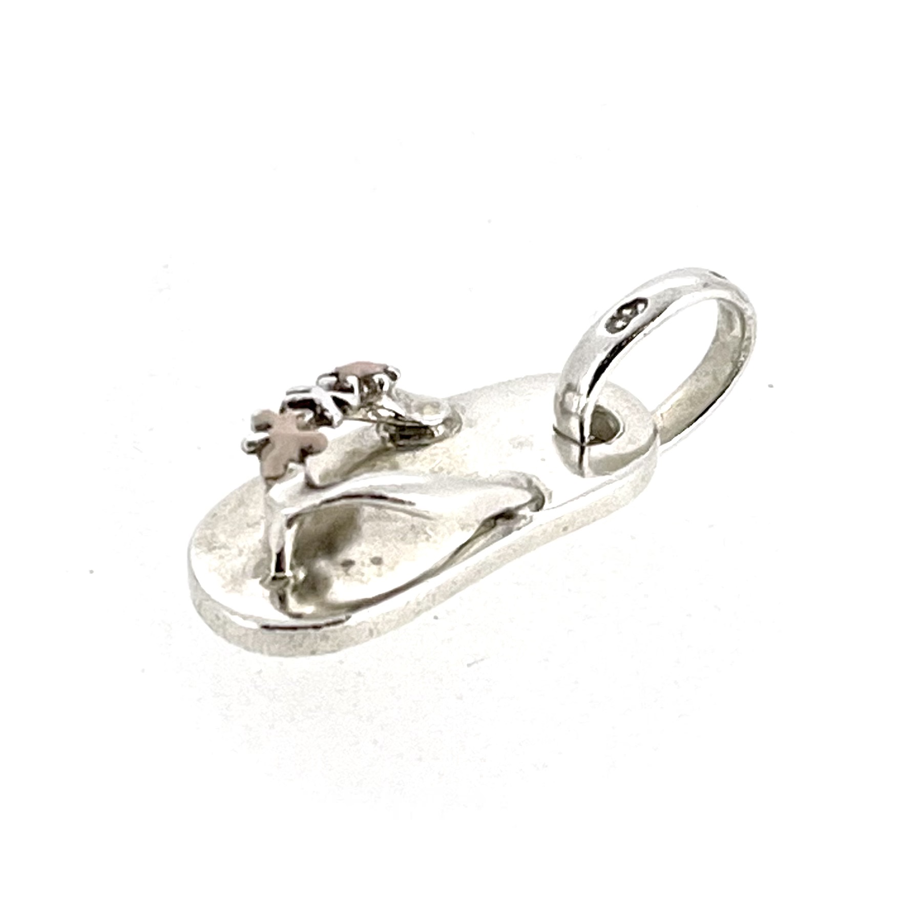 Links of London Flip Flop Charm in sterling silver with pink enamel flower details.