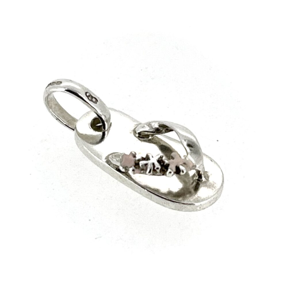 Links of London Flip Flop Charm in sterling silver with pink enamel flower details.