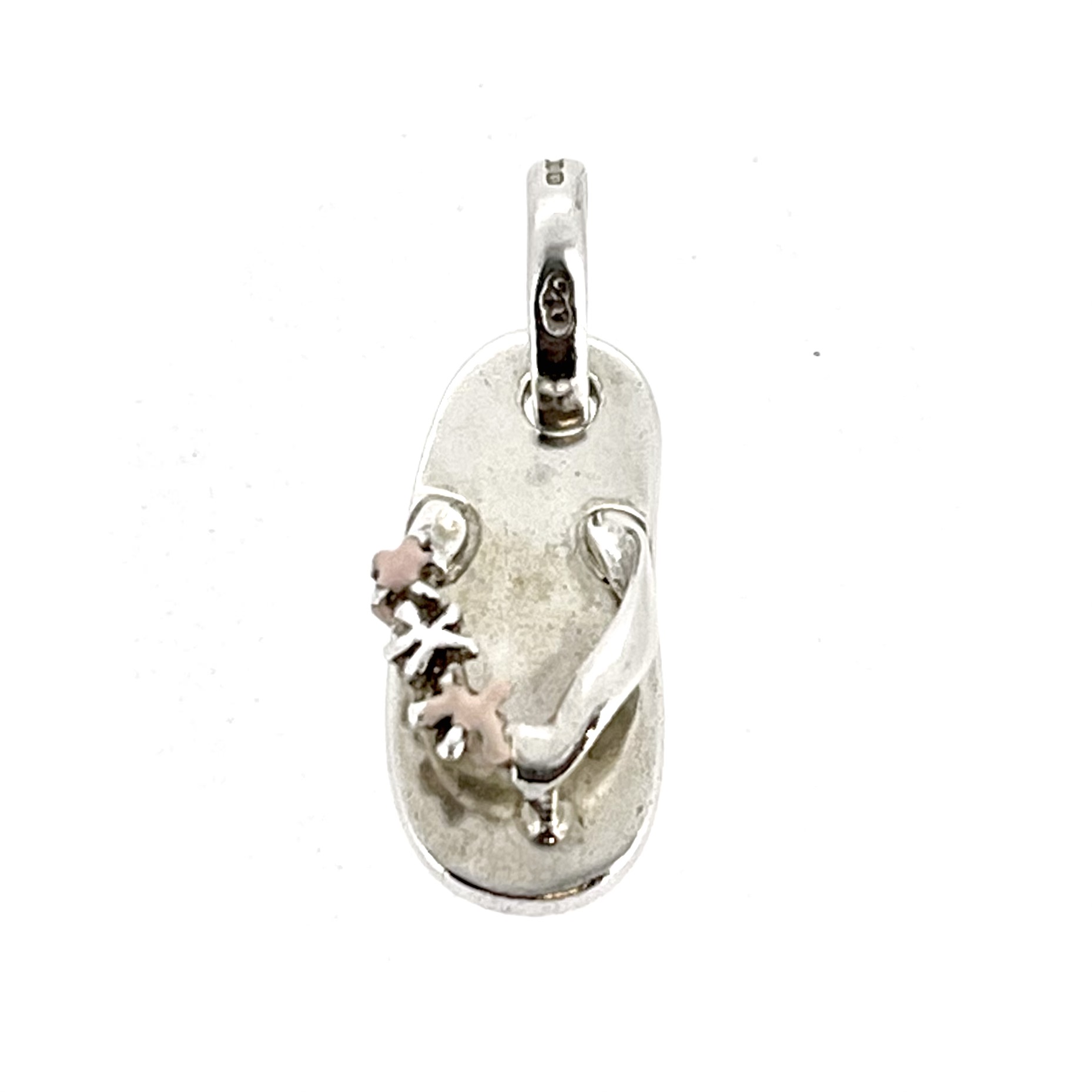 Links of London Flip Flop Charm in sterling silver with pink enamel flower details.