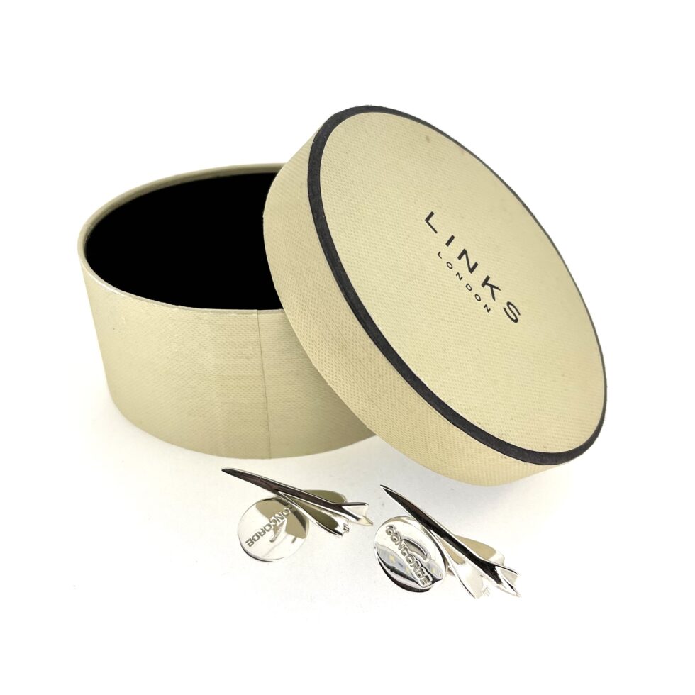 Elegant presentation of Concorde cufflinks in vintage Links of London packaging