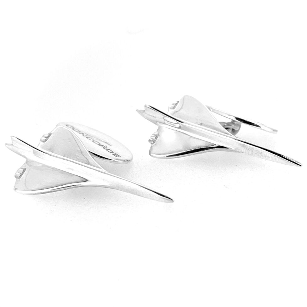 Close-up of vintage Links of London Concorde cufflinks in polished sterling silver