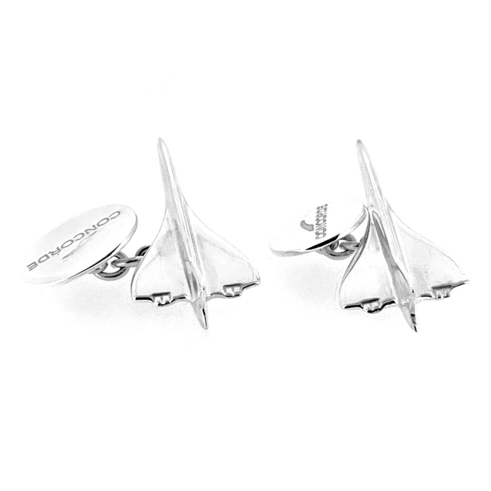 Vintage aviation-themed cufflinks inspired by the British Airways Concorde era