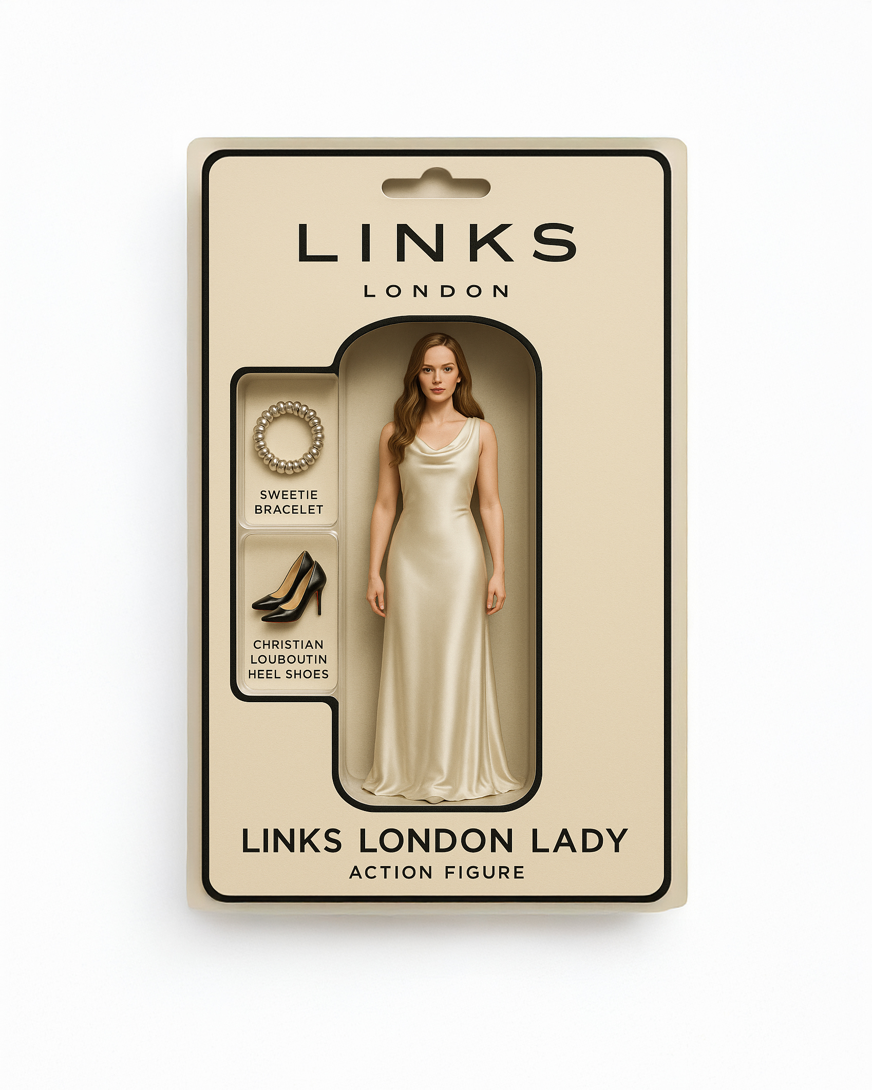 Links London Lady action figure in ivory silk gown with Sweetie bracelet and heels, boxed in ivory packaging