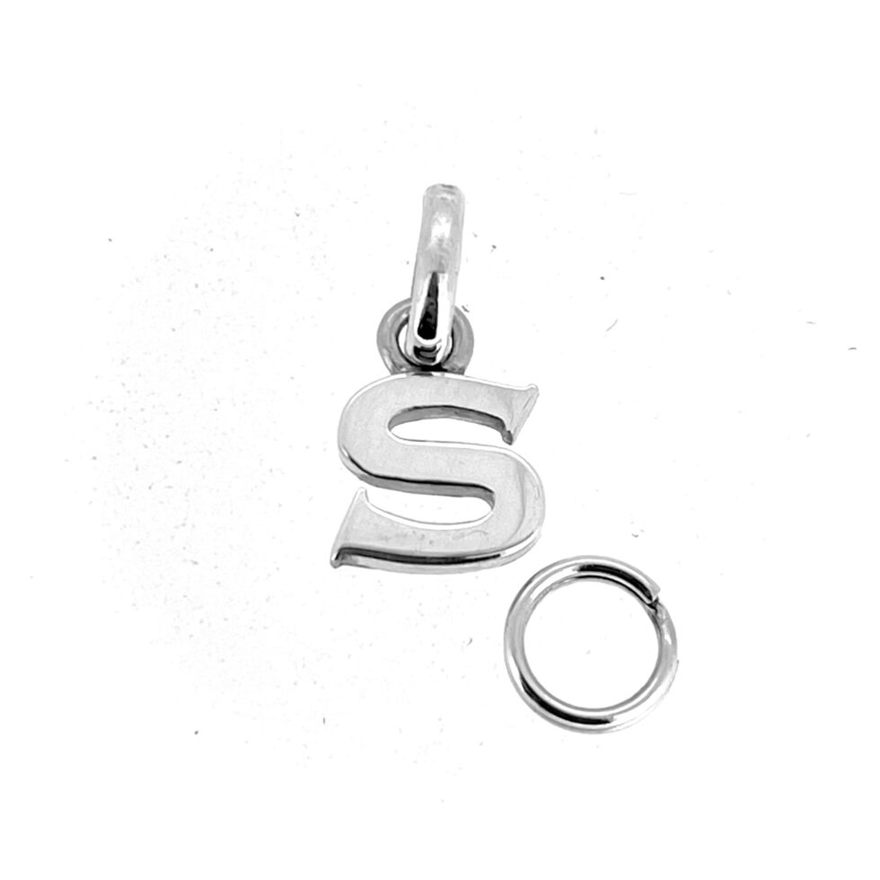 Restored S charm with jump ring and split ring