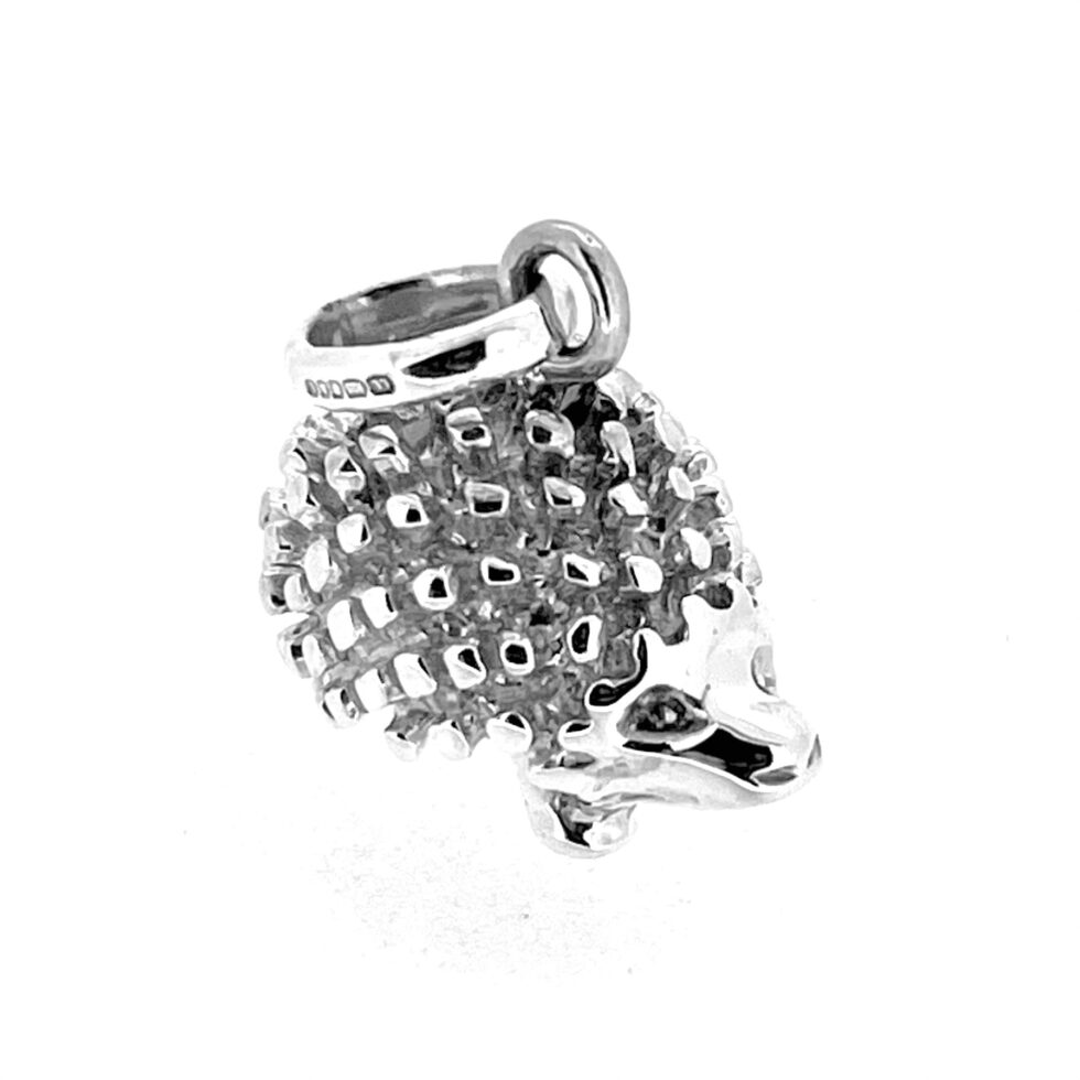 Side view of silver hedgehog charm with jump ring