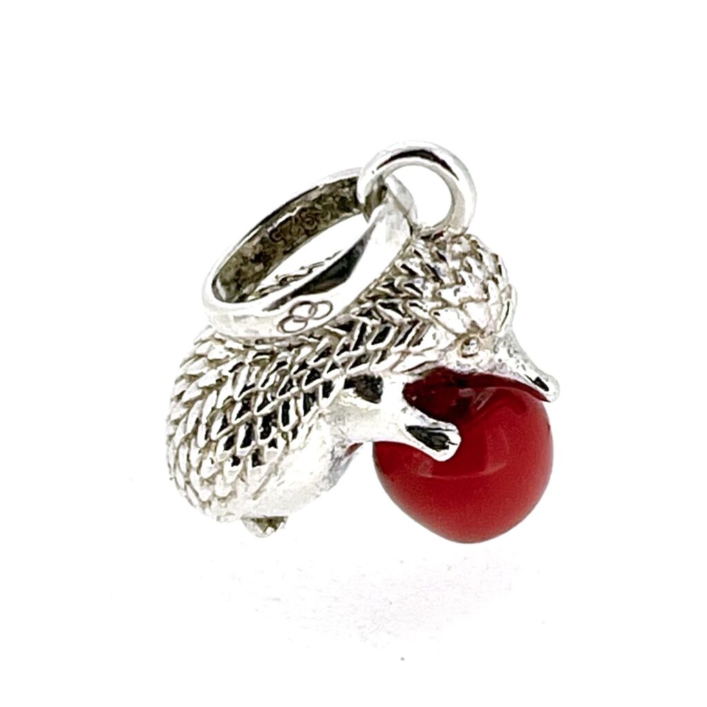 14mm long silver hedgehog with red apple detail