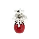 Links of London sterling silver hedgehog charm holding red enamel apple