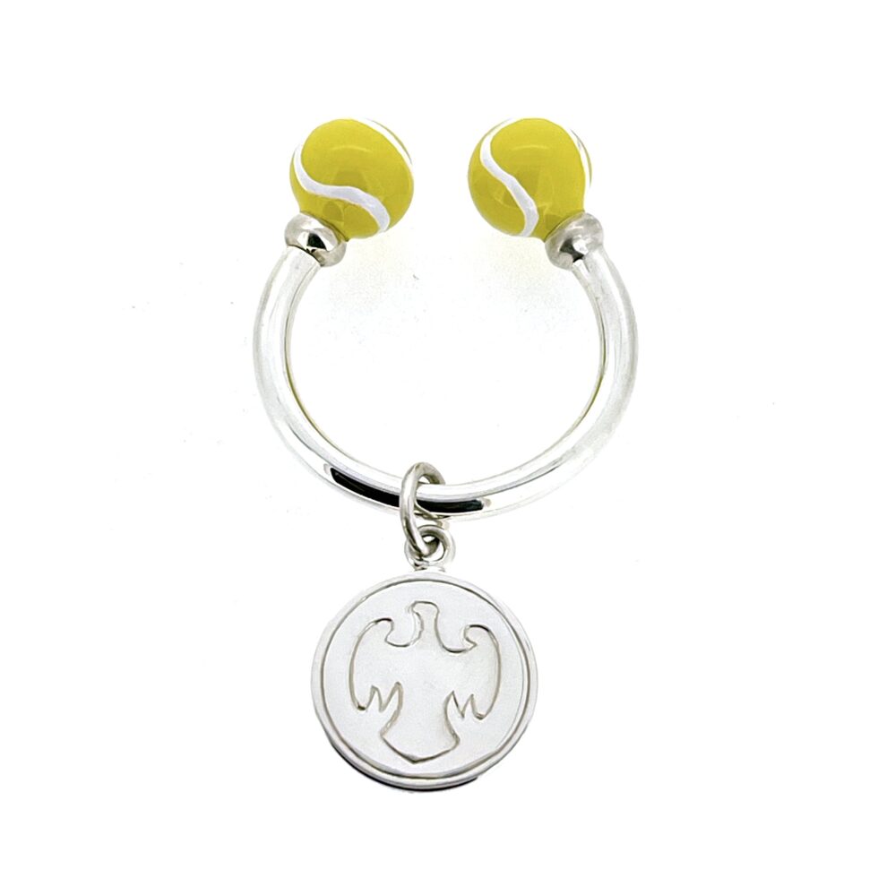Full view of the 2006 Links of London Wimbledon keyring with enamel tennis ball ends.