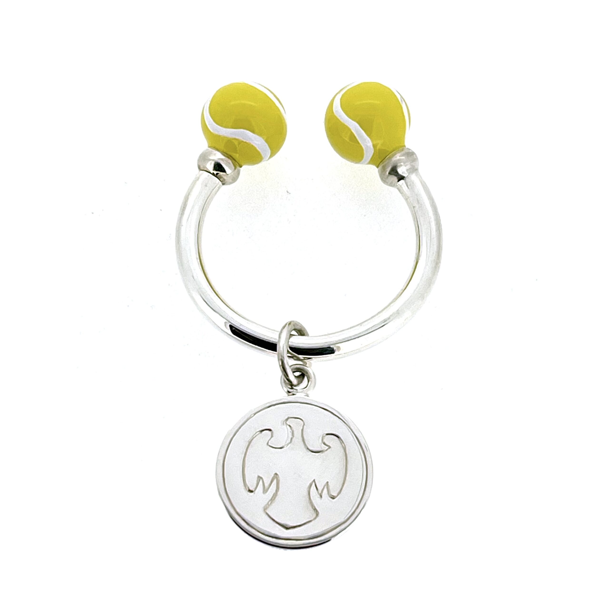 Full view of the 2006 Links of London Wimbledon keyring with enamel tennis ball ends.