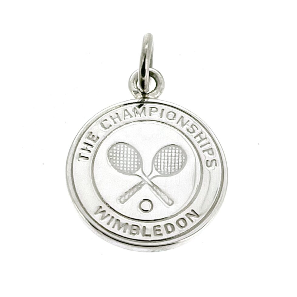 Sterling silver Wimbledon charm showing tournament logo with tennis rackets.