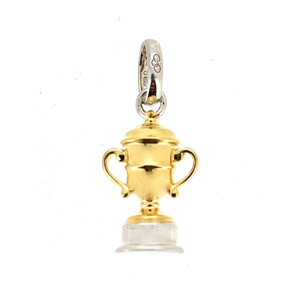 Ascot-inspired gold cup charm on white background