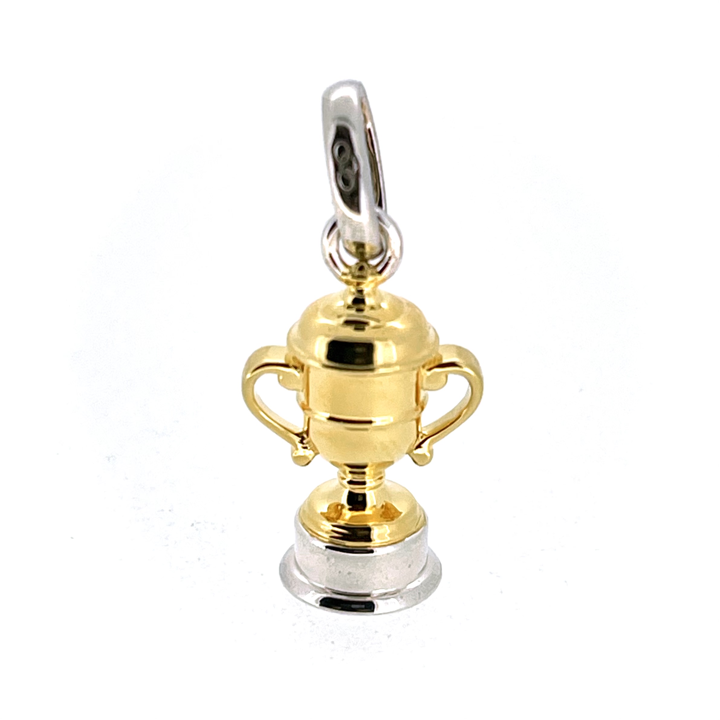 Close-up of gold vermeil trophy charm with silver bail