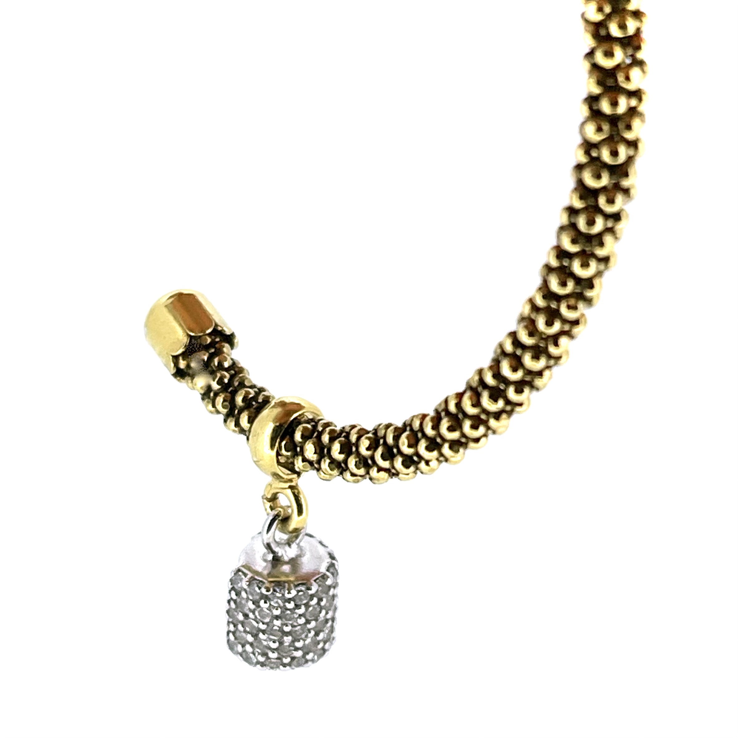 Close-up of bubble texture hoops and pavé drop charms