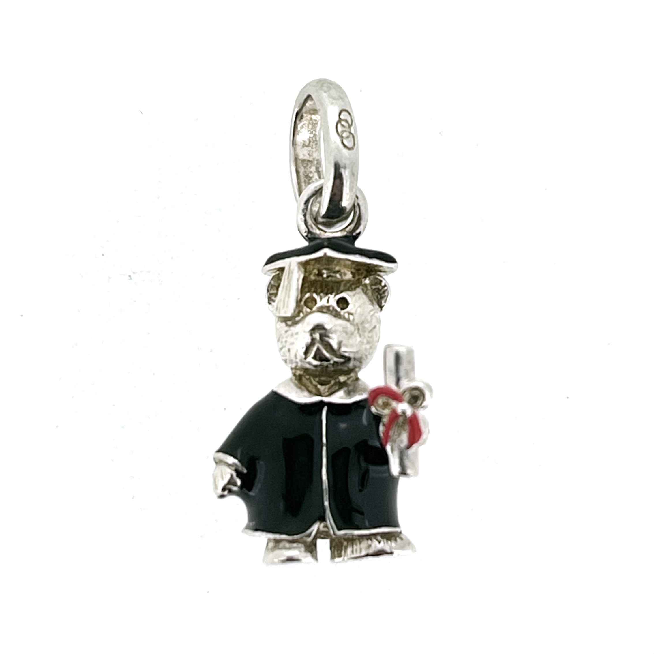 Front view of vintage Links of London Graduation Bear Charm with black gown and scroll