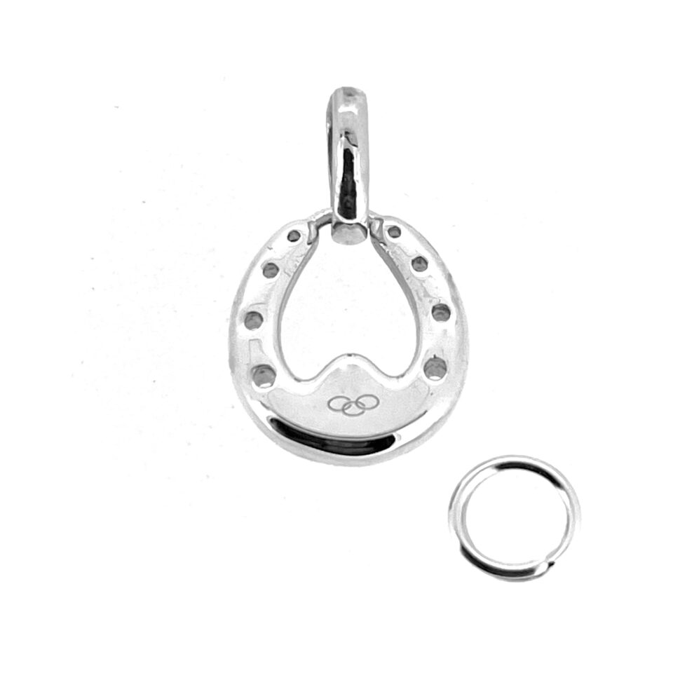 Close-up of Lucky Horseshoe Charm showing 3-ring logo