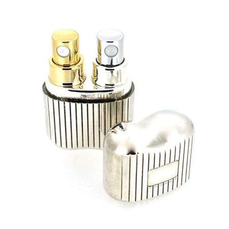 Open perfume atomiser showing two refillable glass spray bottles