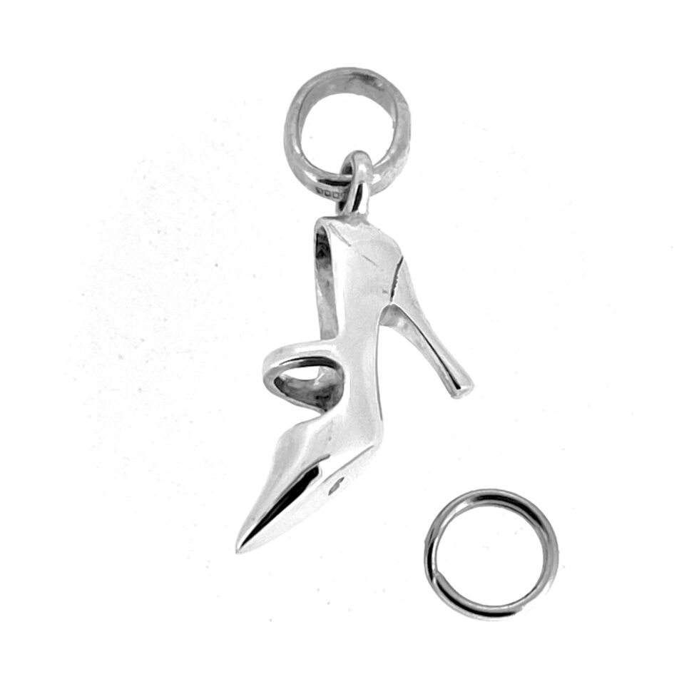 Side view of pointed high heel silver charm
