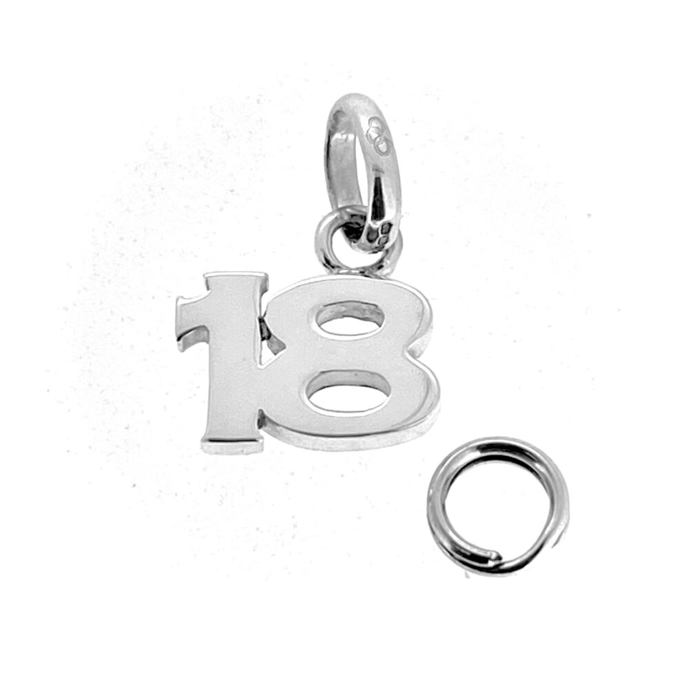 Front view of “18” charm showing polished finish