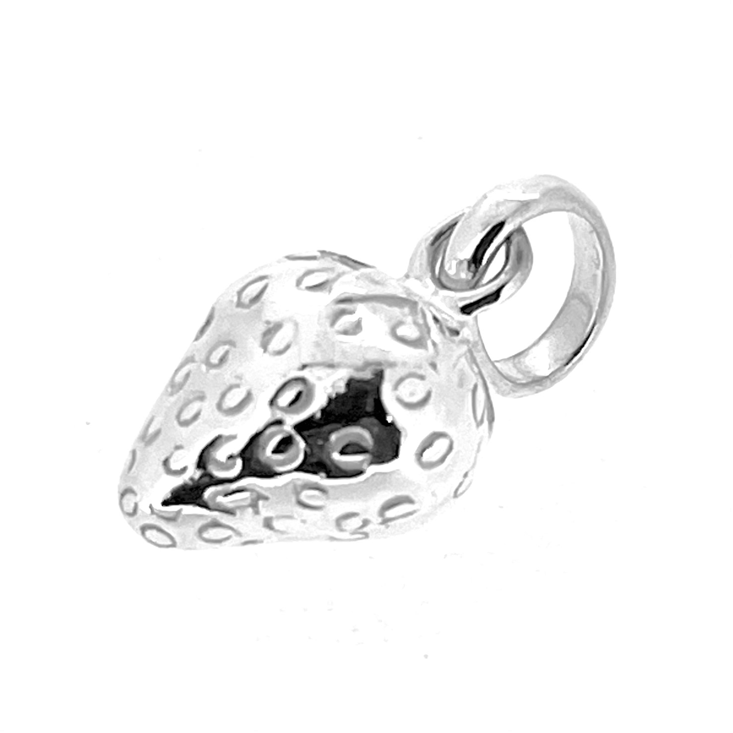 Side view of sterling silver Strawberry Charm with hallmarked bail