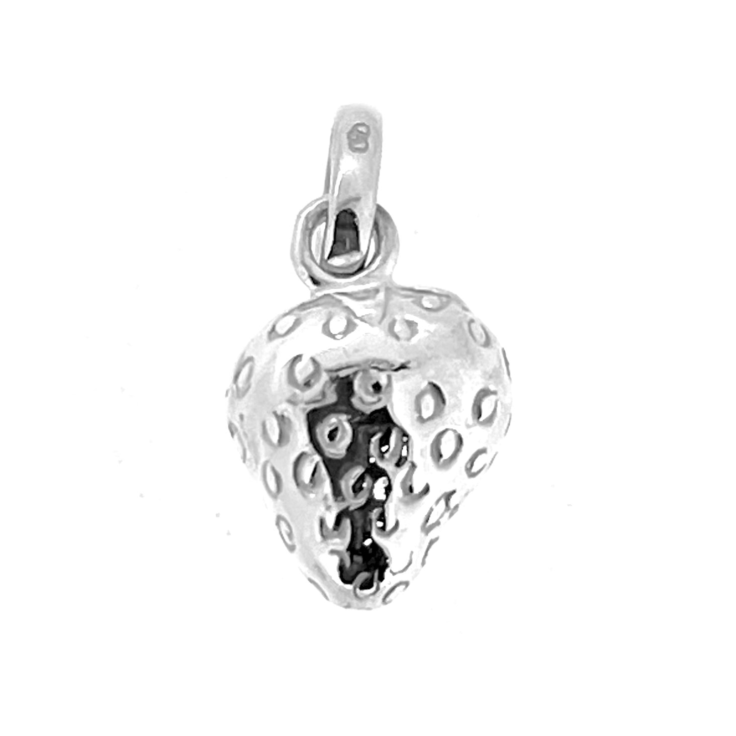 Sterling silver strawberry charm on neutral background
