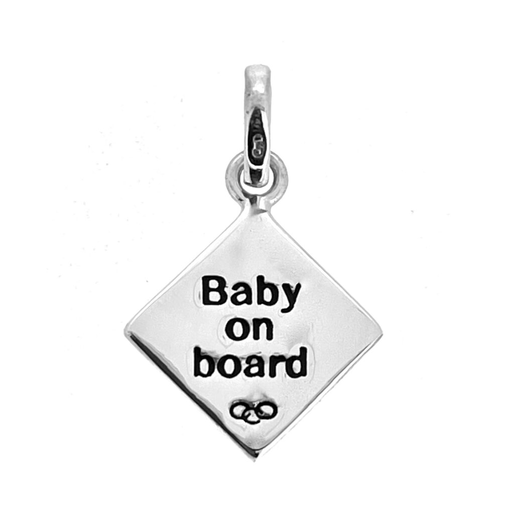 Diamond-shaped silver Baby on Board Charm front detail