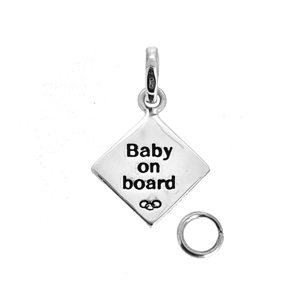 Polished silver Baby on Board Charm with three-ring logo