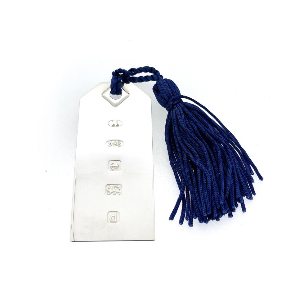 Vintage Links of London sterling silver luggage tag bookmark with blue tassel
