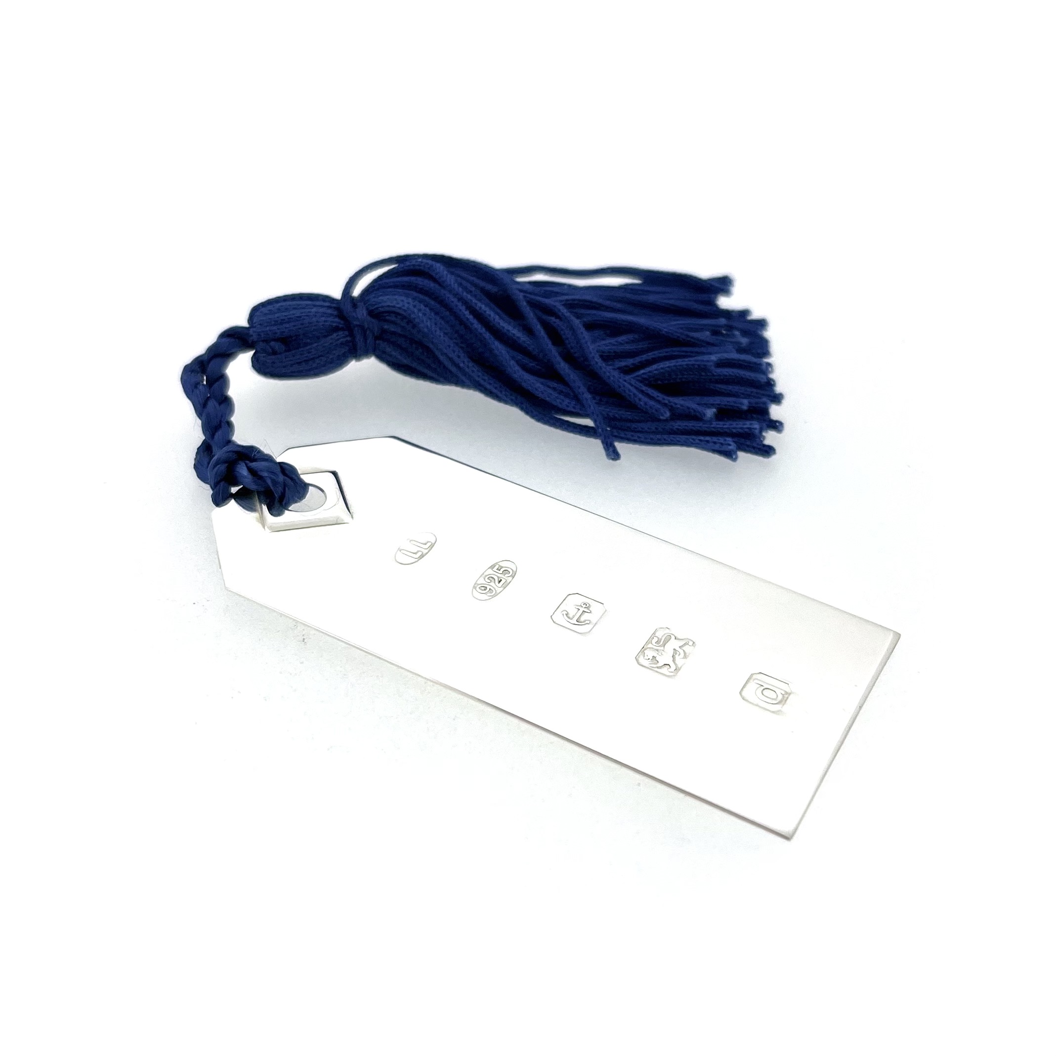 Links of London blue silk tassel attached to silver bookmark