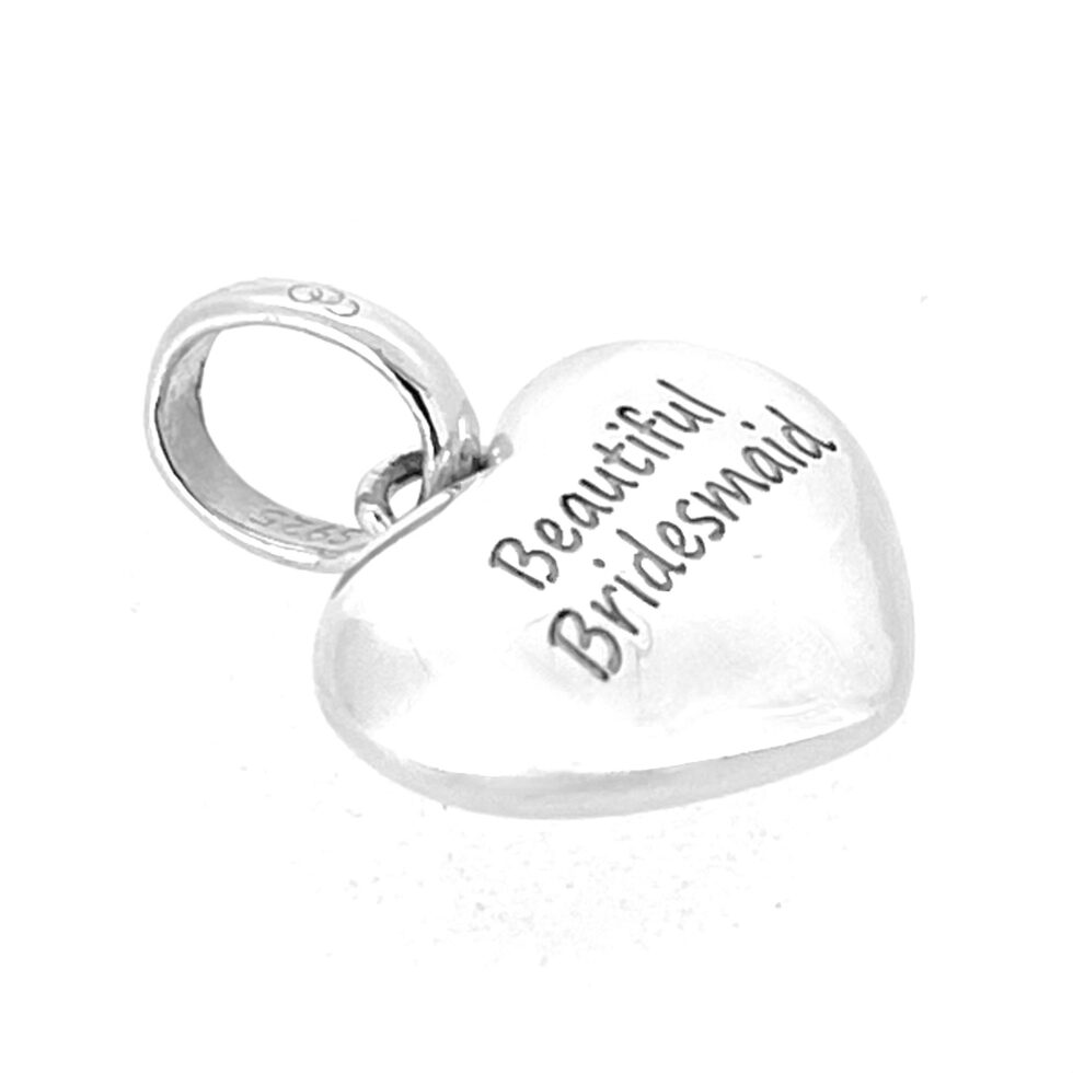 Polished silver heart charm engraved with bridesmaid message