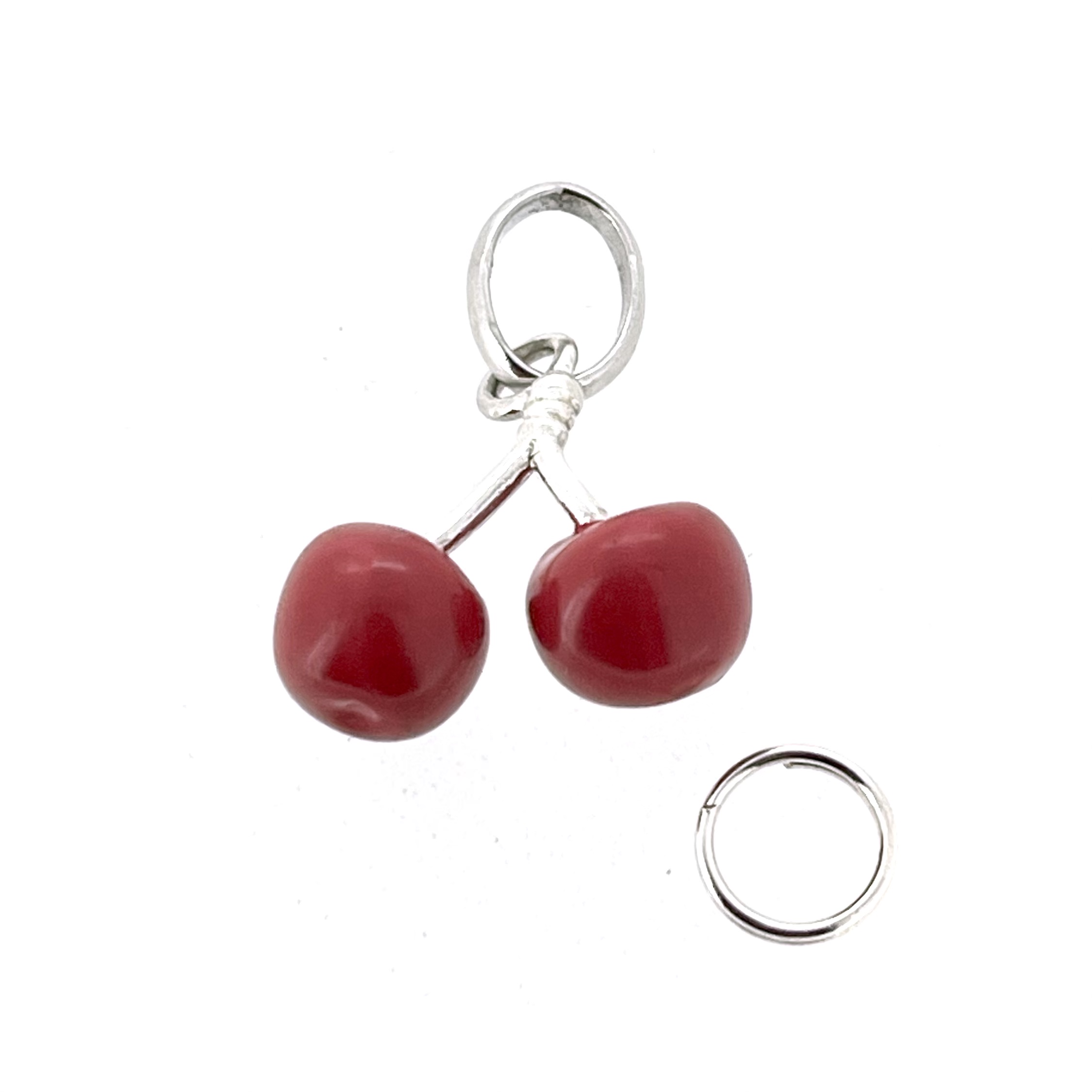 Polished silver and enamel Cherry Charm with split ring for Sweetie bracelet