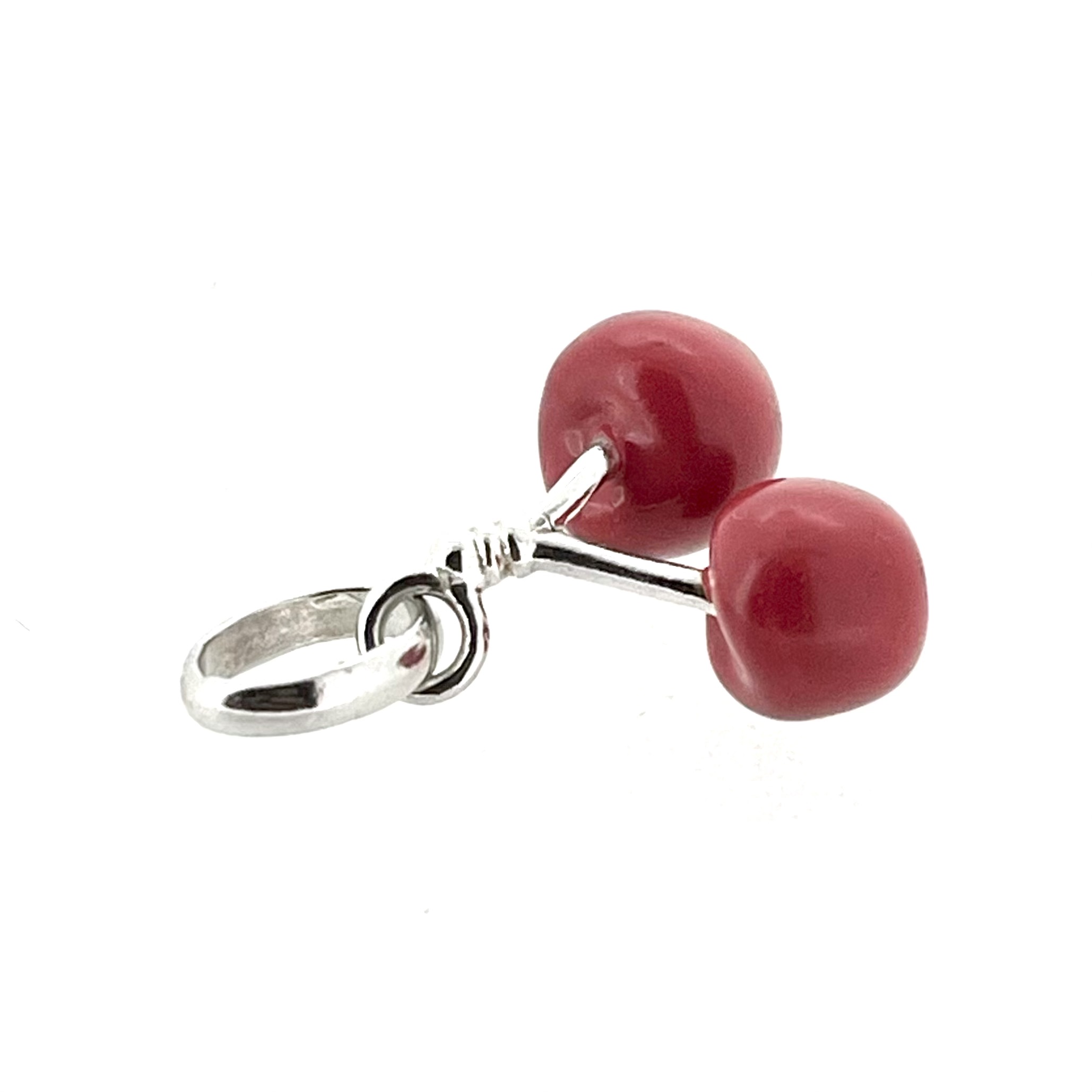 Side angle showing silver bail with S925 hallmark and enamel cherries