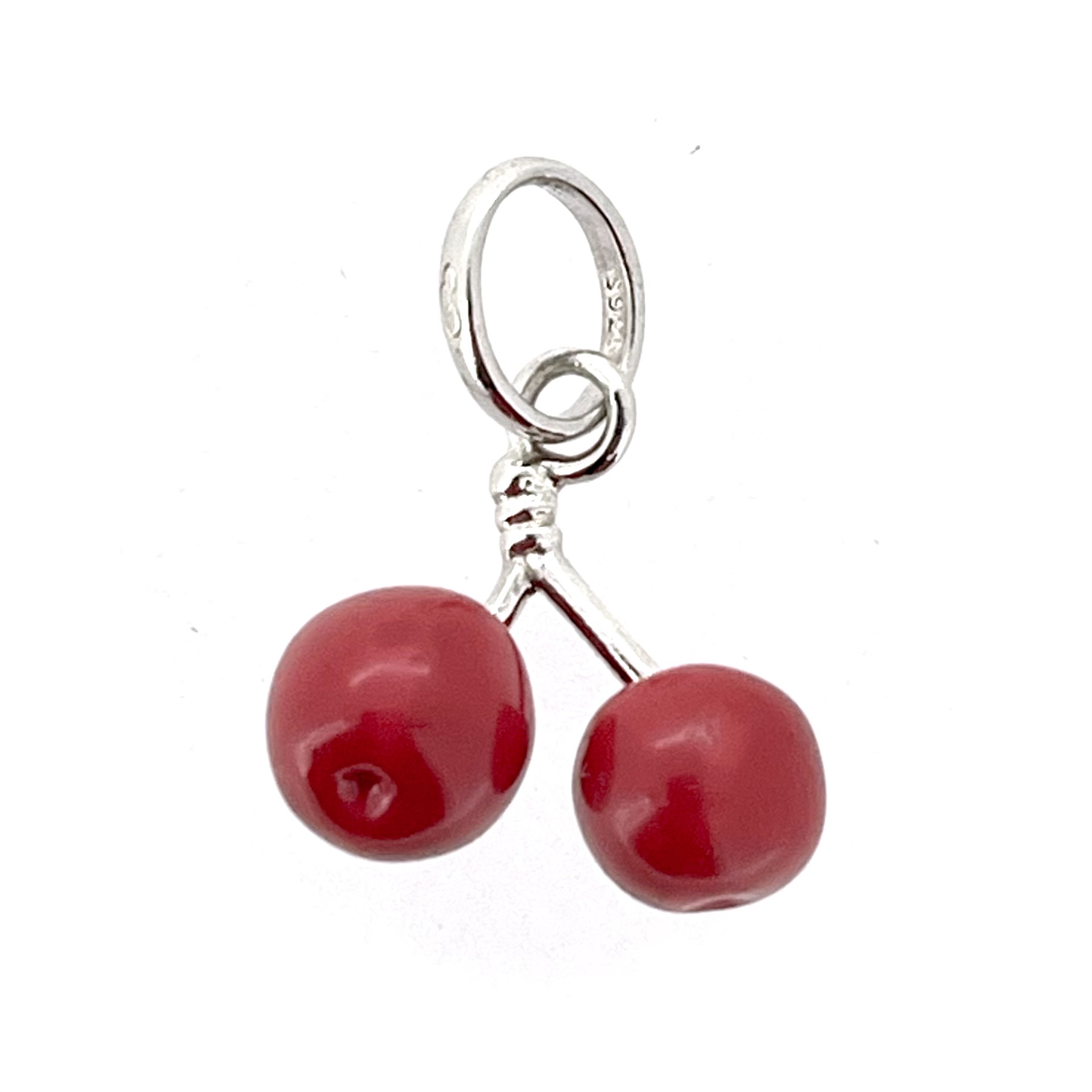 Vintage Links of London sterling silver Cherry Charm with red enamel, front view