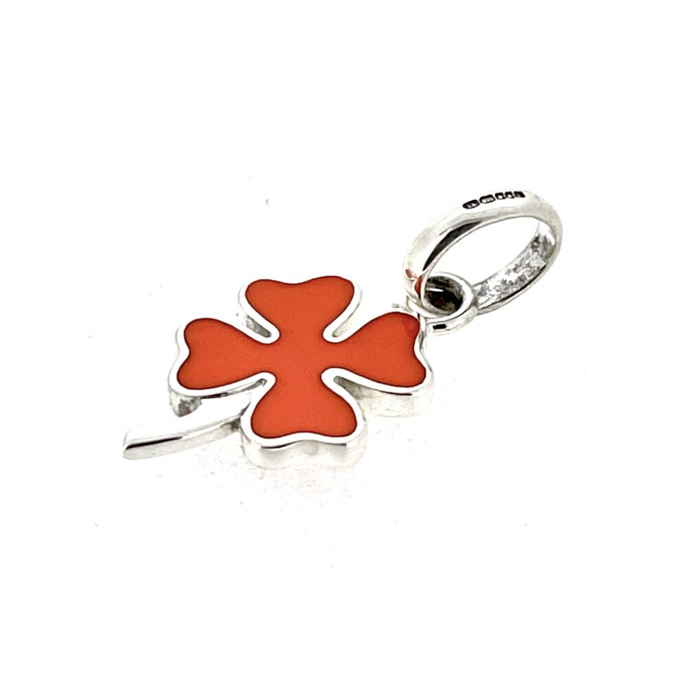Full view orange enamel four leaf clover charm polished sterling silver