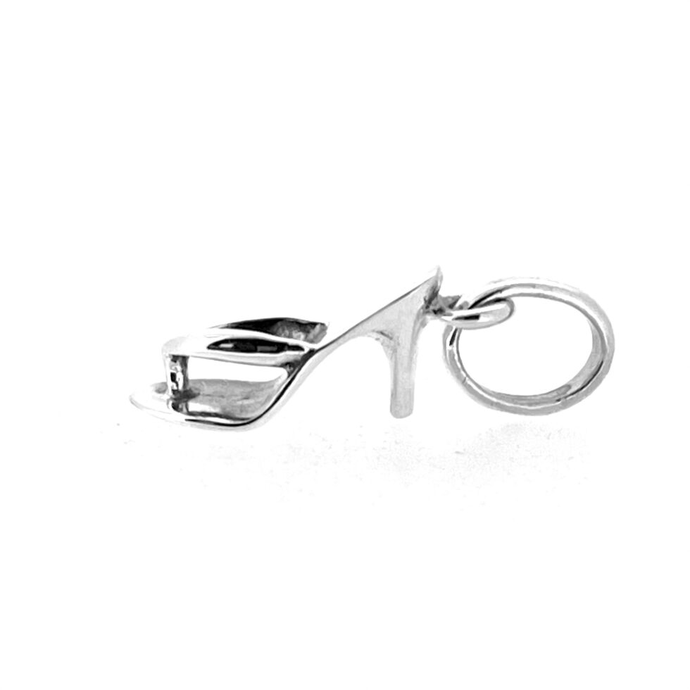 Sterling silver kitten heel sandal charm angled against white background